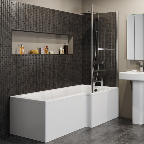 Bathroom L Shaped Shower Bath 1700mm RH Mixer Shower Screen Side Panel White 1