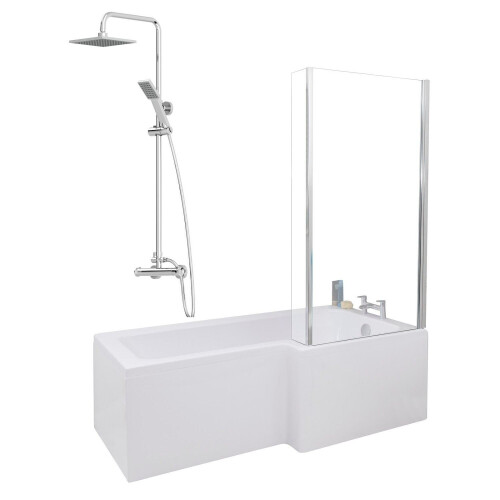 Bathroom L Shaped Shower Bath 1700mm RH Mixer Shower Screen Side Panel White