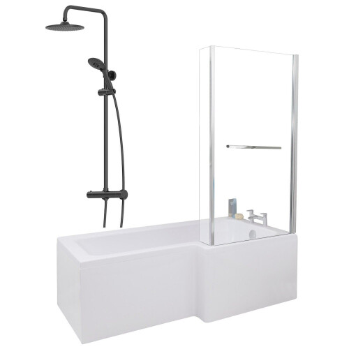 Bathroom L Shaped Shower Bath 1700mm RH Mixer Shower Screen Side Panel White