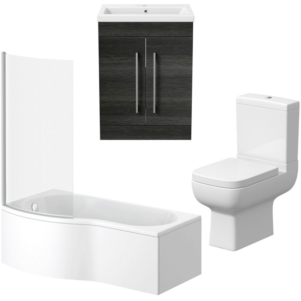 Modern Bathroom Suite LH P Shape Bath Screen Toilet Basin Sink Vanity Unit Grey