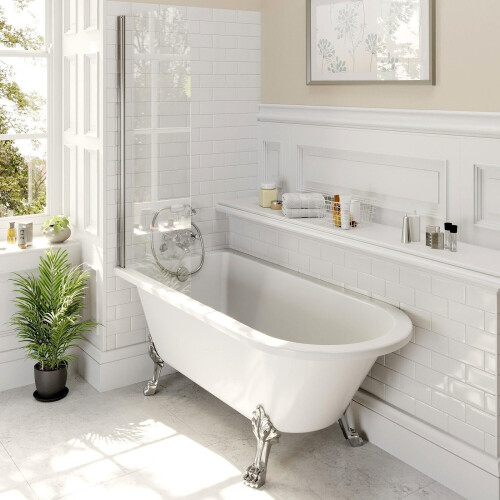 Freestanding 1500mm Traditional Roll Top Bath White Single Ended Legs Screen 1