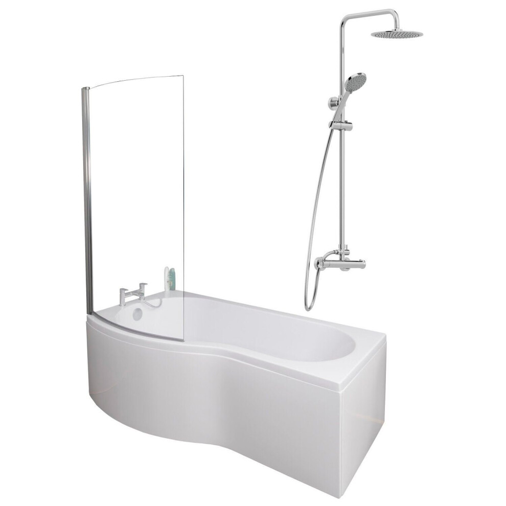 Bathroom P Shaped Shower Bath 1700Mm Lh Mixer Shower Screen Side Panel White 5056467233975