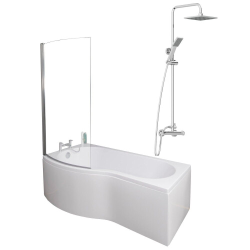 Bathroom P Shaped Shower Bath 1700mm LH Mixer Shower Screen Side End Panel White