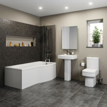 Bathroom Suite P Shaped Bath RH Screen Toilet WC Basin Sink Full Pedestal Square