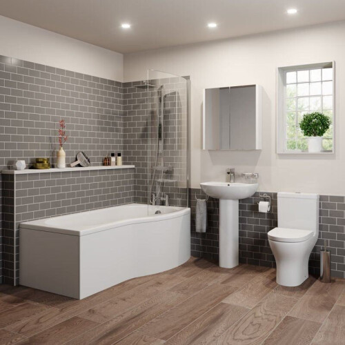 Bathroom Suite P Shaped Right Hand Shower Bath Glass Screen Front Bath Panel 1