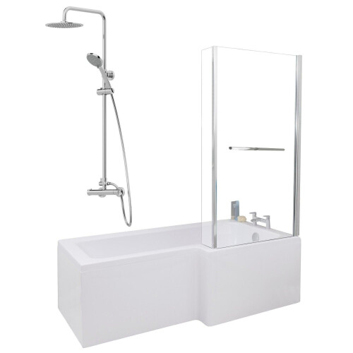 Bathroom L Shaped Shower Bath 1700mm RH Mixer Shower Screen Side Panel White