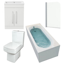 1700mm Bathroom Suite Gloss White Straight Bath Screen Toilet Vanity Unit Basin