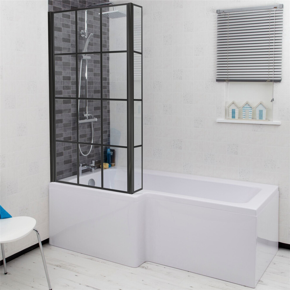 Bathroom L Shaped Bath Black Grid Shower Screen Lh Front Panel White 1700Mm 5056467235245