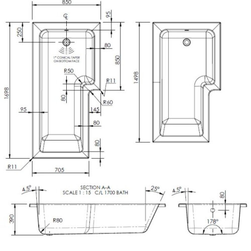 Modern L Shaped Shower Bath Left Hand Front Panel Bathroom Tub 1700mm Acrylic 2