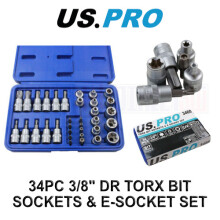 US PRO Tools 34pc Torx Bit & E-Socket Set 3/8" Dr T10 - T60 E4 - E20 Tamper Proof T10 - T55 3460