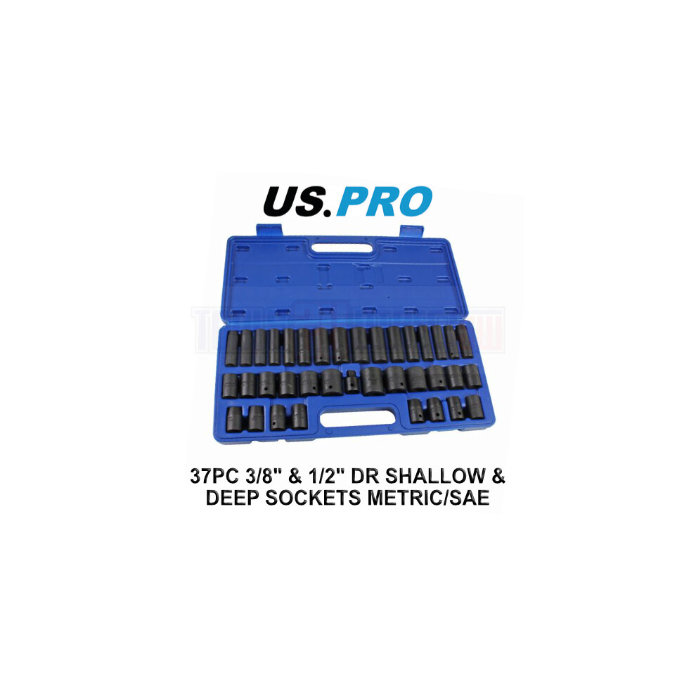 Us Pro Tools 37Pc 3/8" & 1/2" Dr Shallow & Deep Impact Socket Set Metric/Sae 3835