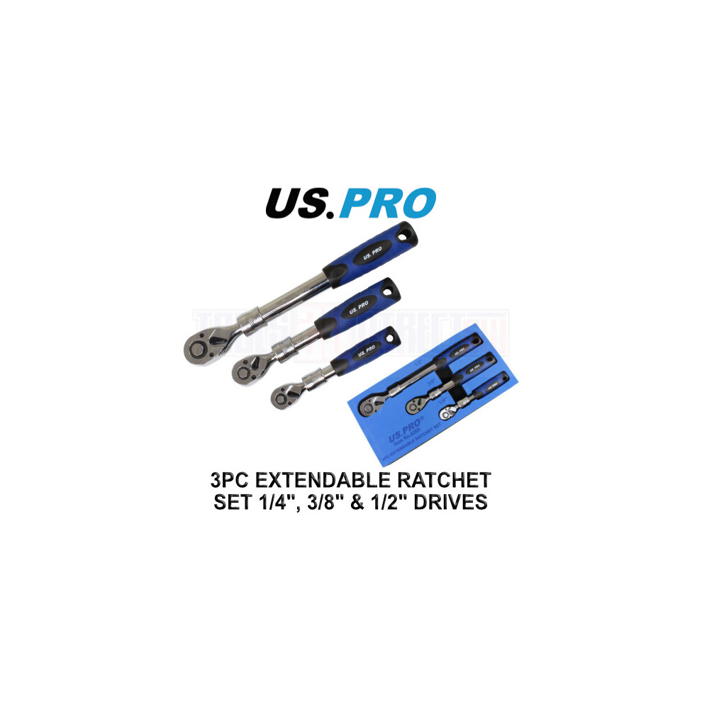 US PRO Tools 3pc Extendable Ratchet Set 1/4" 3/8" 1/2" Drives In Foam Tray 4205