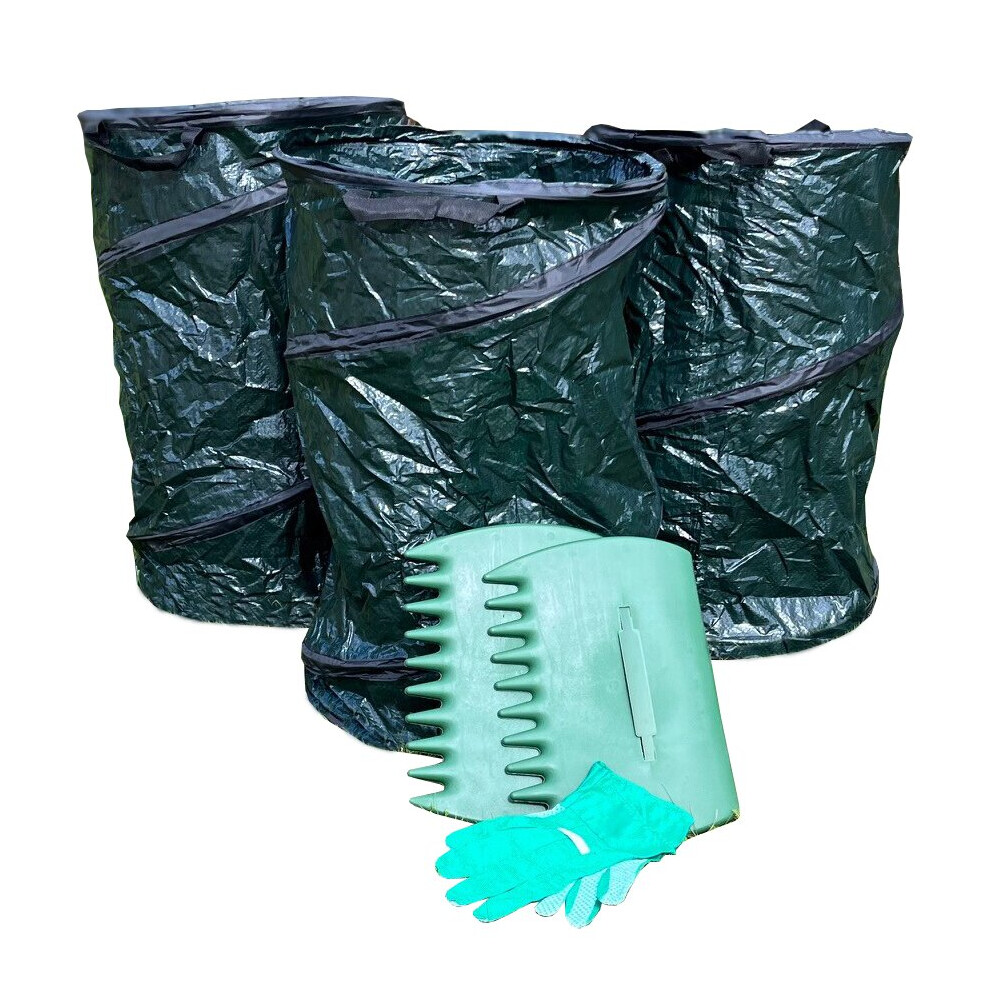 Pack of 3 Garden Waste Tidy Pop Up Bags with Leaf Grabs & Gloves