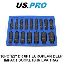 US PRO Tools 16PC 1/2" Deep Impact Sockets In EVA Foam 6PT 10 - 32mm 3836