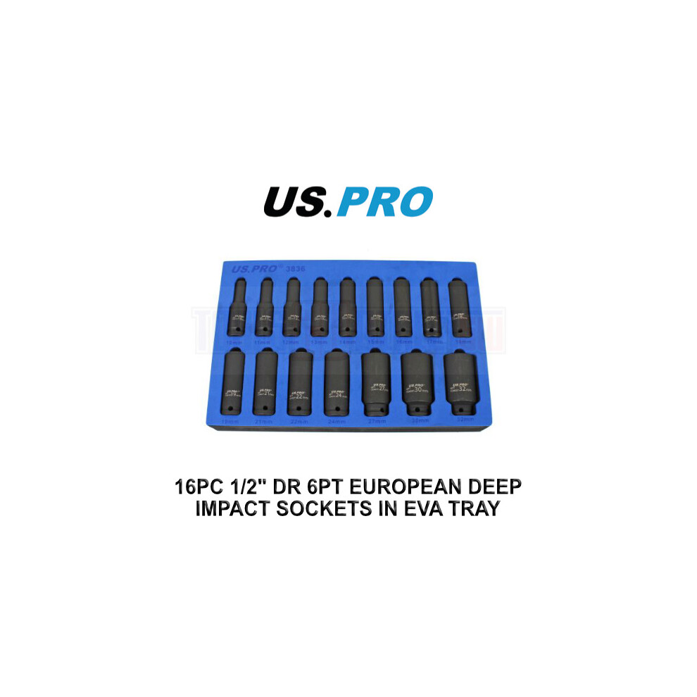 US PRO Tools 16PC 1/2" Deep Impact Sockets In EVA Foam 6PT 10 - 32mm 3836