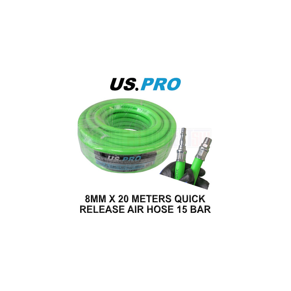 US PRO Tools 8MM X 20 Meters HI VIS Green Hybrid Quick Release Air Hose 8244