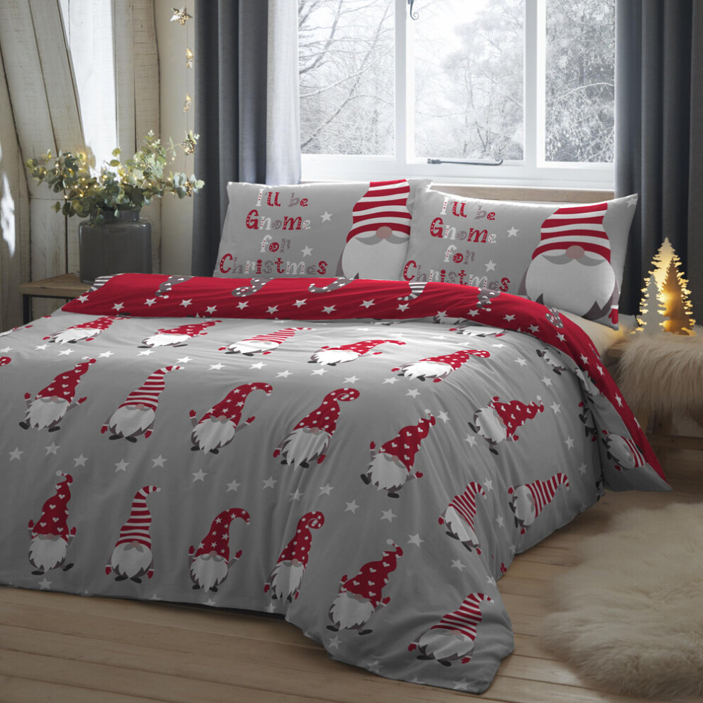 (Silver, Double) Fusion Christmas Gnome For Christmas 100% Brushed Cotton Reversible Duvet Cover Set