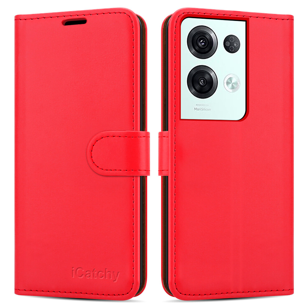 (Red) OPPO Reno8 Pro 5G Case Leather Wallet Book Stand View Phone Cover