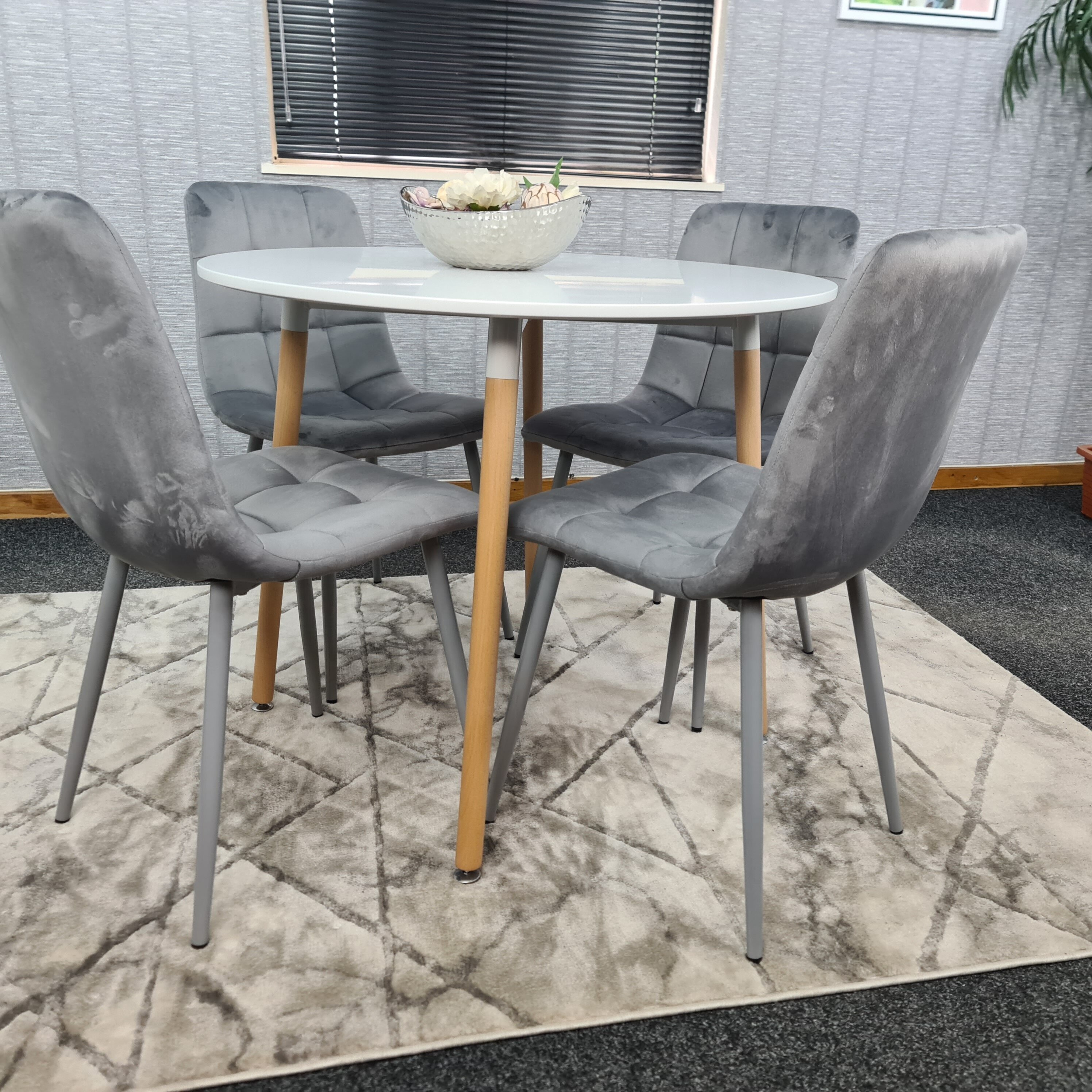 Round White Dining Table And 4 Grey Velvet Tufted Chairs Dining Set on ...