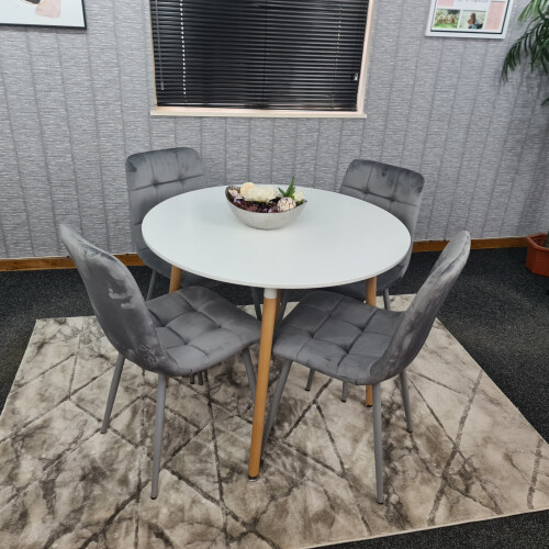 Round White Dining Table And 4 Grey Velvet Tufted Chairs Dining Set 1