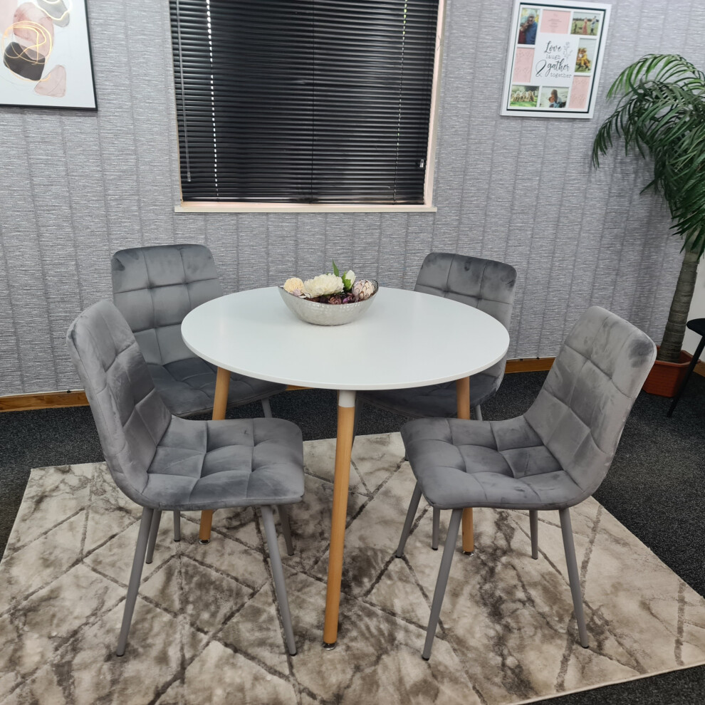 Round White Dining Table And 4 Grey Velvet Tufted Chairs Dining Set