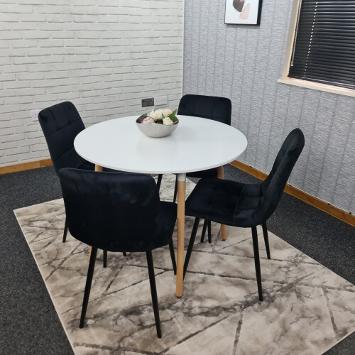 Round White Dining Table And 4 Black Velvet Tufted Chairs Dining Set 2