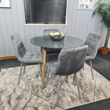 Round Grey Dining Table And 4 Grey Velvet Tufted Chairs Dining Set