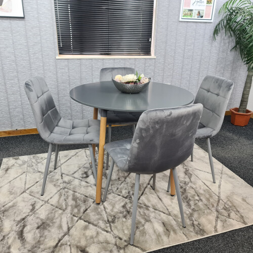 Round Grey Dining Table And 4 Grey Velvet Tufted Chairs Dining Set