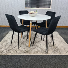 Round White Dining Table And 4 Black Velvet Tufted Chairs Dining Set