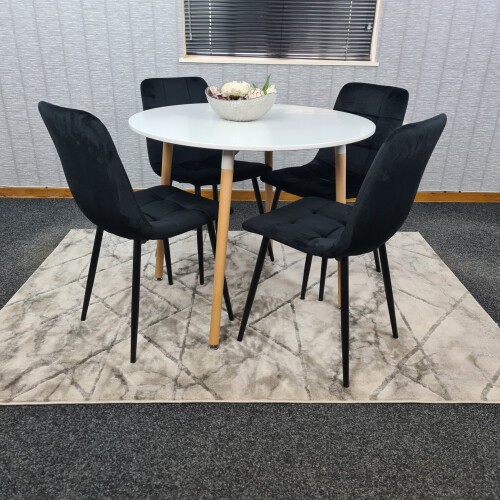 Round White Dining Table And 4 Black Velvet Tufted Chairs Dining Set