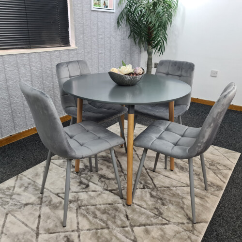 Round Grey Dining Table And 4 Grey Velvet Tufted Chairs Dining Set 1