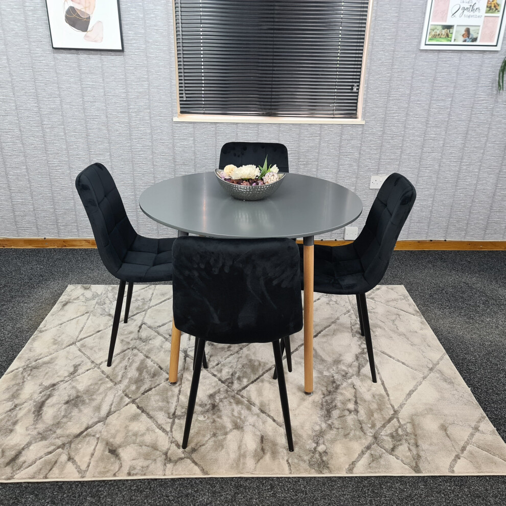 Round Grey Dining Table And 4 Black Velvet Tufted Chairs Dining Set