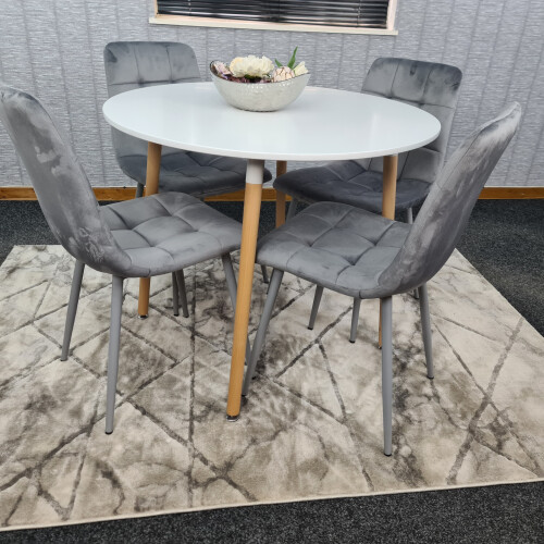 Round White Dining Table And 4 Grey Velvet Tufted Chairs Dining Set 2