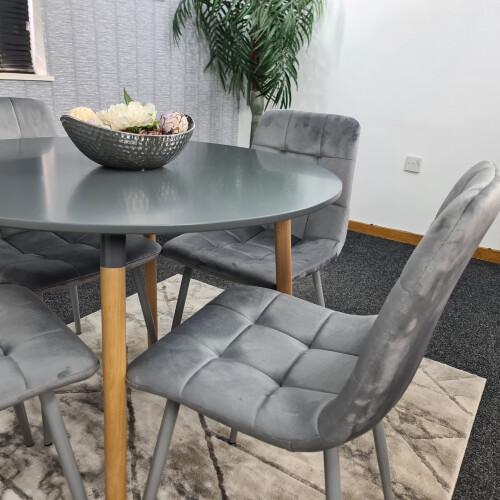 Round Grey Dining Table And 4 Grey Velvet Tufted Chairs Dining Set 2
