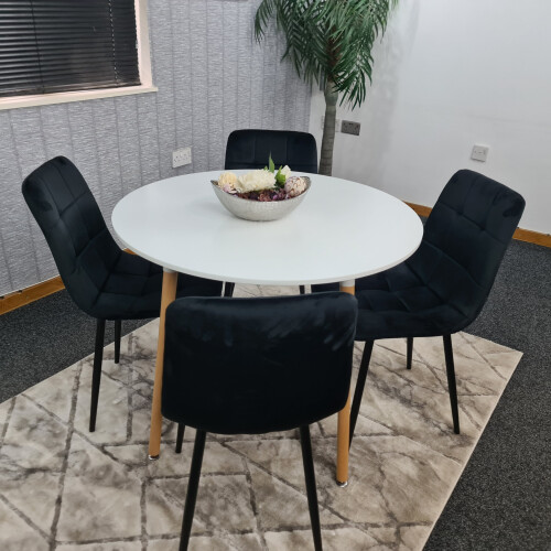 Round White Dining Table And 4 Black Velvet Tufted Chairs Dining Set 1