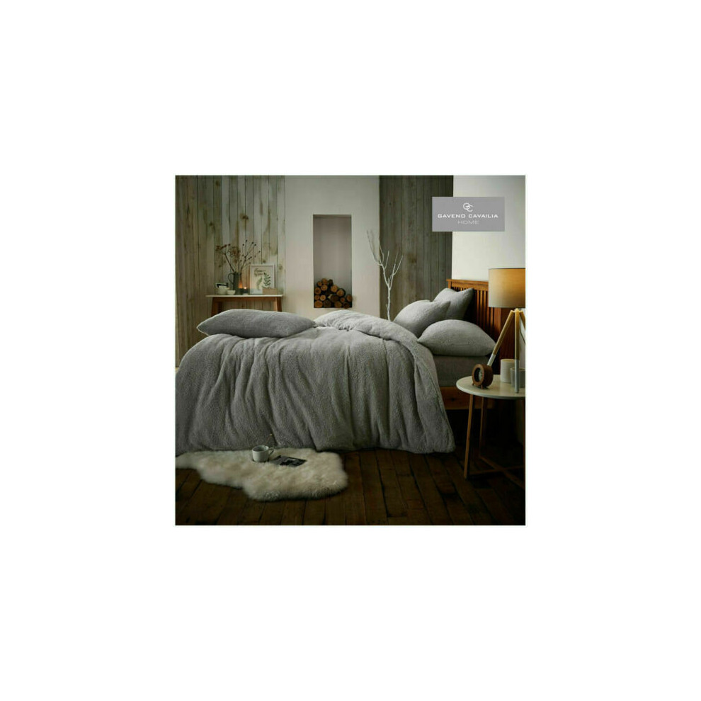 (King, Silver) Teddy Bear Duvet Cover Fleece Bedding Set With Pillowcases Extra Warm Cosy in All Sizes
