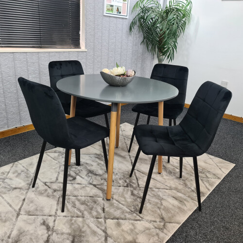 Round Grey Dining Table And 4 Black Velvet Tufted Chairs Dining Set 1