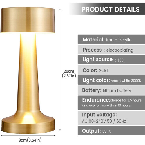 (Gold) Cordless Table Lamp LED Vintage Dimmable Bar Lamp 1