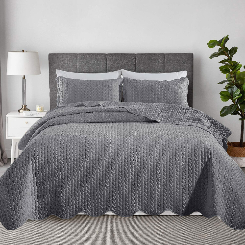 (GREY, Double) 3 Piece Quilted Bedspread Bed Throw Luxury Hotel Quality Quilted Embossed Bedspread