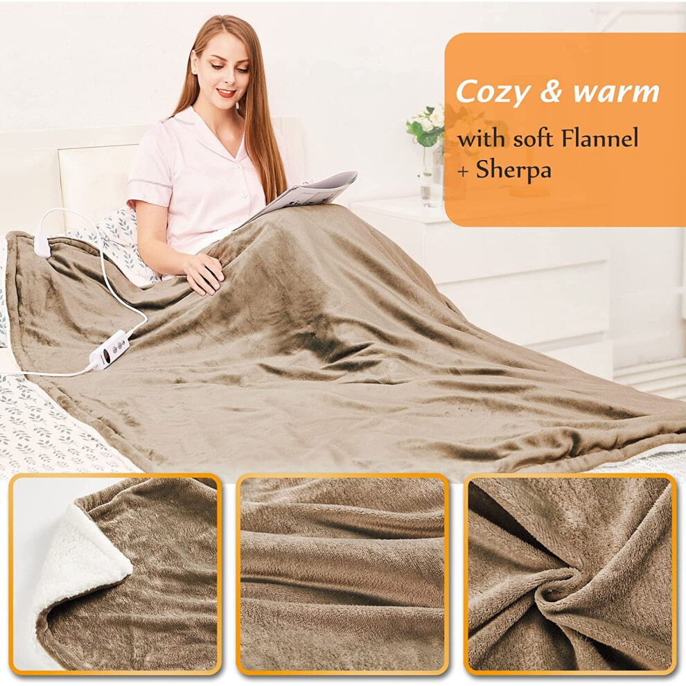 (130x180cm Khaki) Mia&Coco Electric Heated Blanket Throw Flannel Sherpa Fast Heating 180x130cm