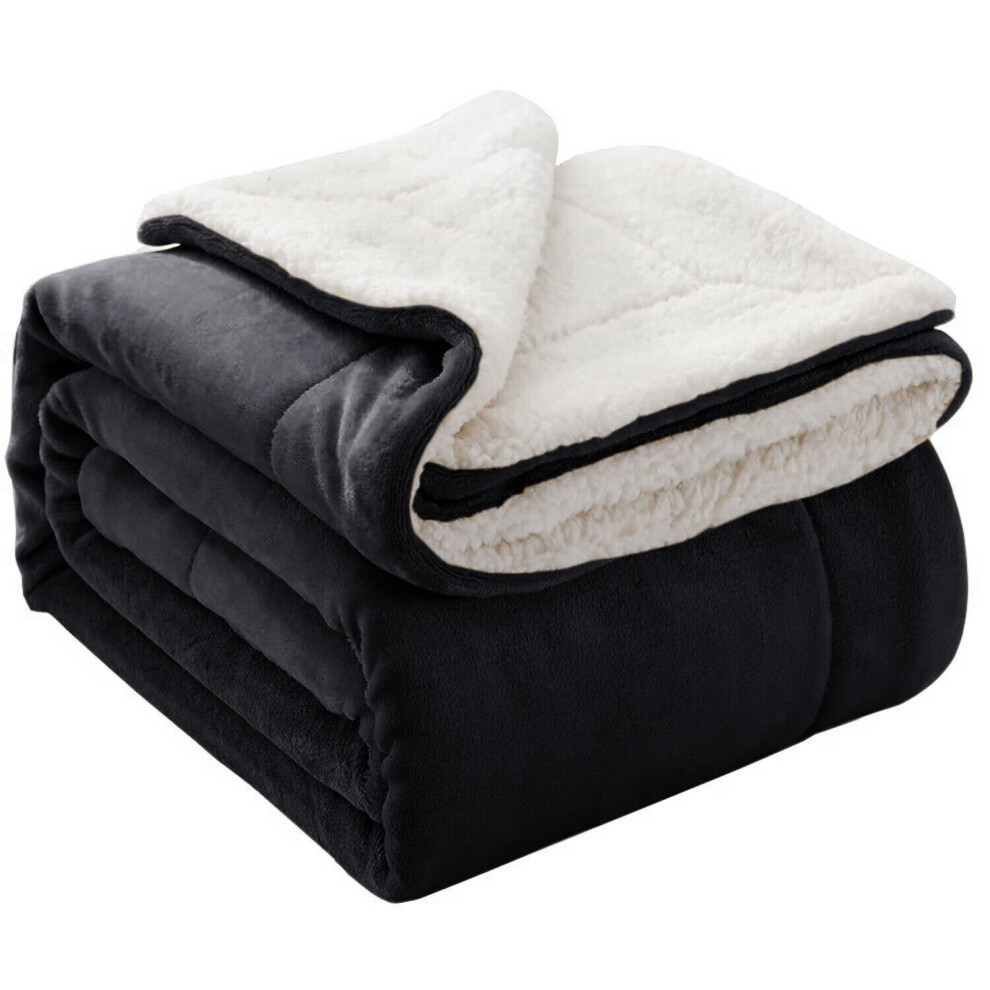 (Double, Black) 400 GSM Sherpa Blanket Sofa Bed Throw Single Double King Size Fluffy Throw