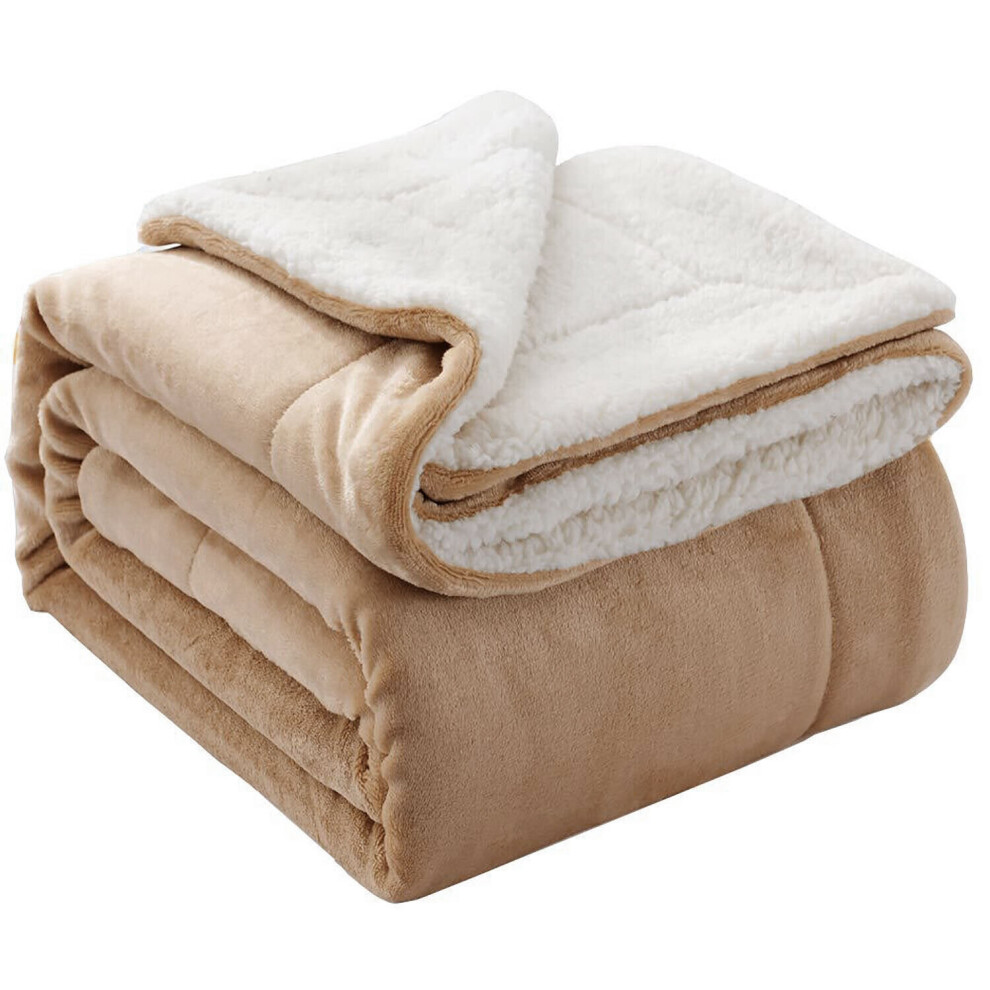 (Double, Cream) 400 GSM Sherpa Blanket Sofa Bed Throw Single Double King Size Fluffy Throw