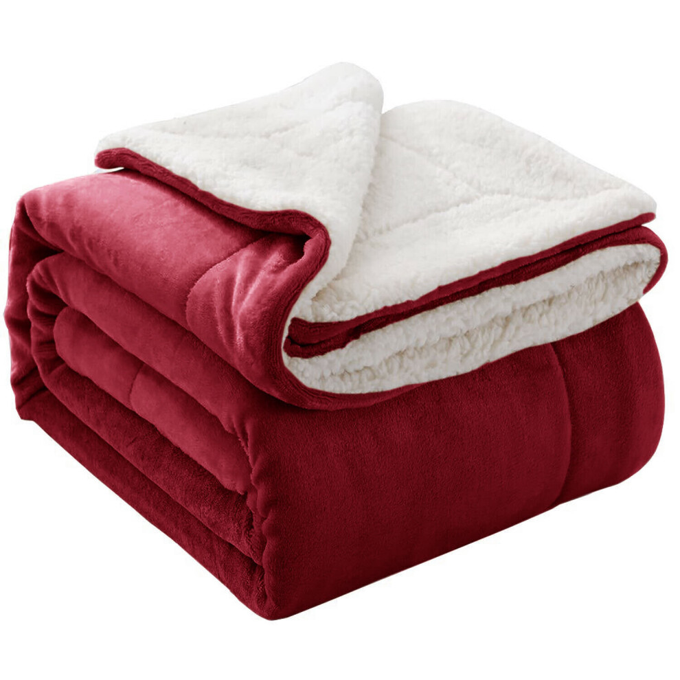 (King, Burgundy) 400 GSM Sherpa Blanket Sofa Bed Throw Single Double King Size Fluffy Throw