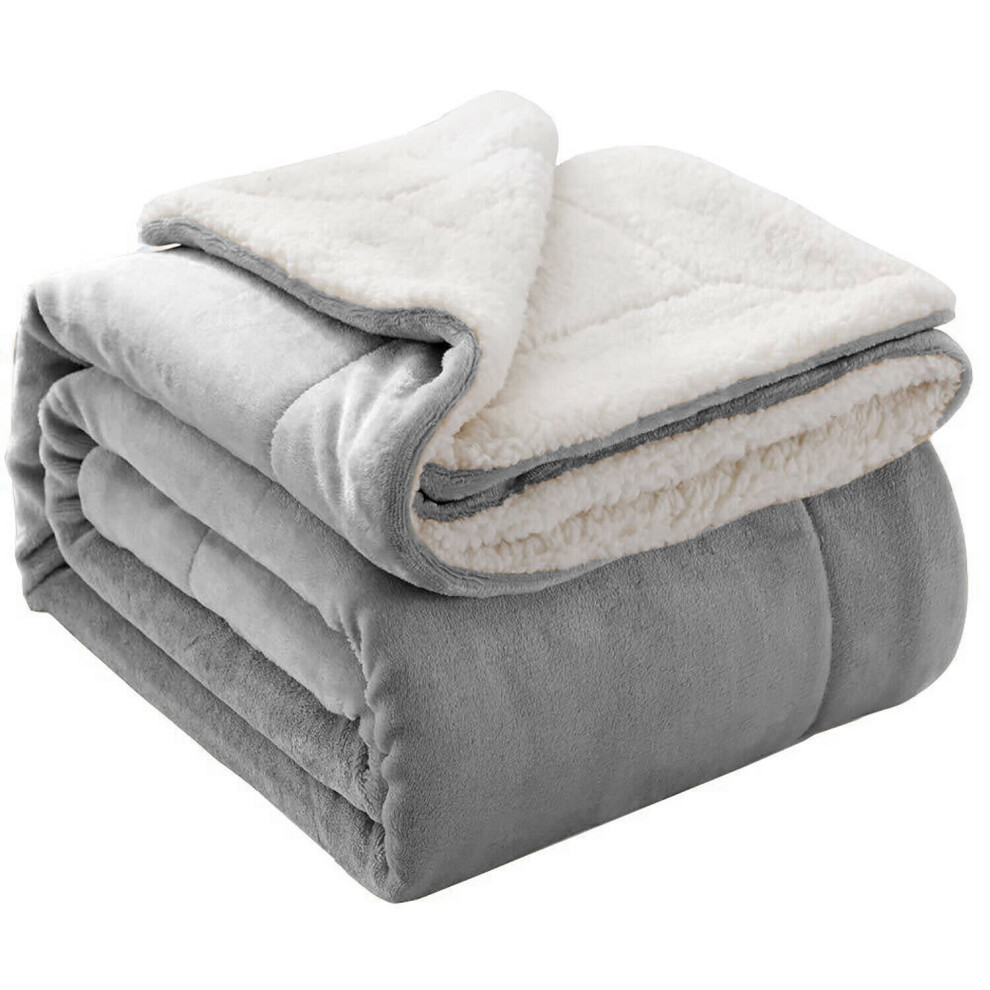 (King, Silver) 400 GSM Sherpa Blanket Sofa Bed Throw Single Double King Size Fluffy Throw