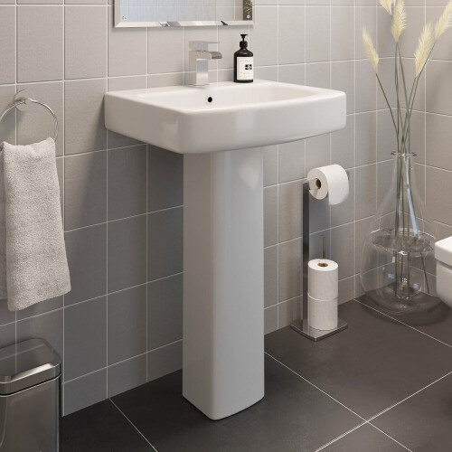 Modern Bathroom Square Basin Sink Full Pedestal Single Tap Hole White Ceramic