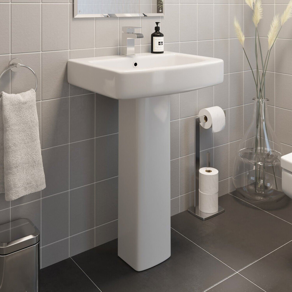 Modern Bathroom Square Basin Sink Full Pedestal Single Tap Hole White Ceramic 5056093679161