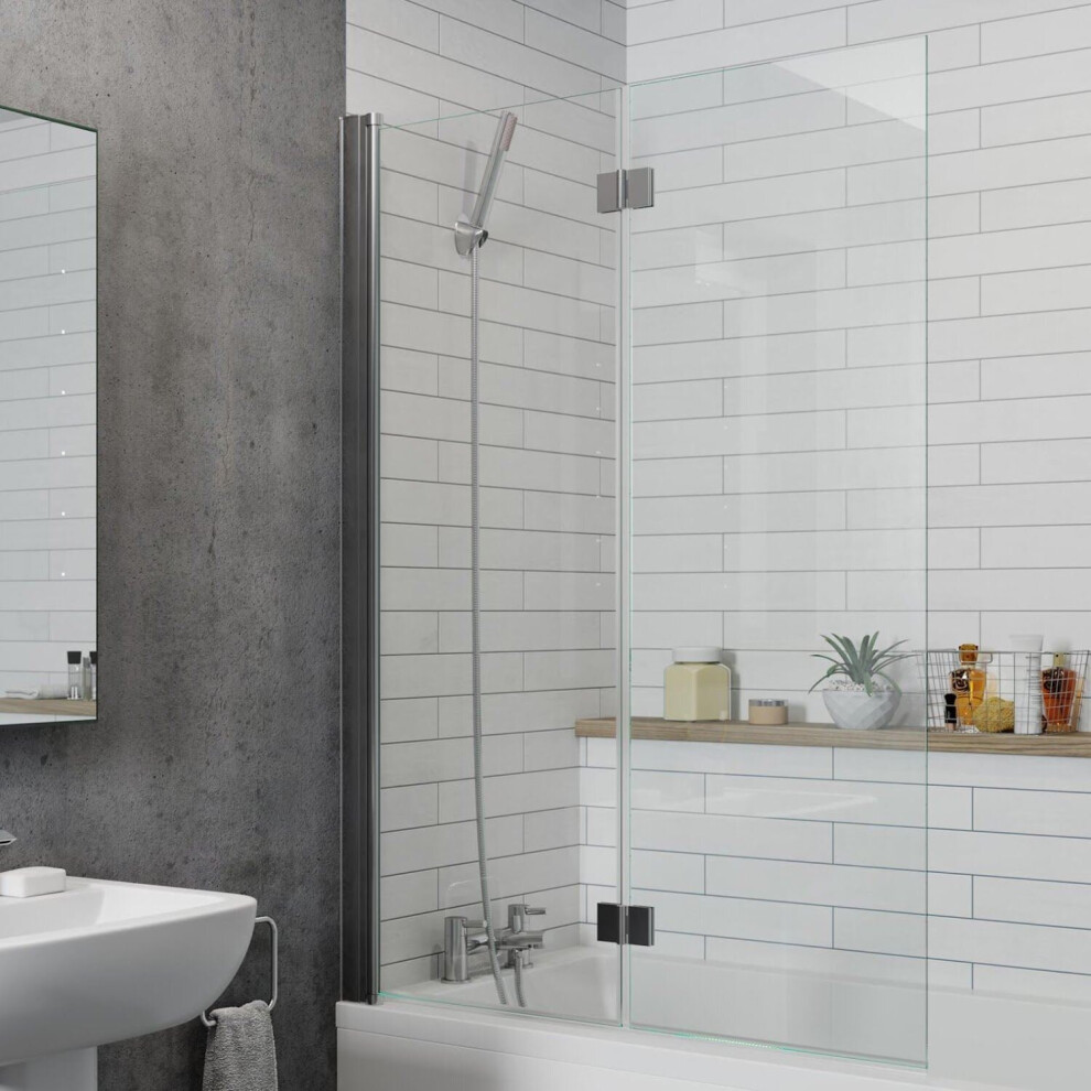 Modern Bathroom Bath Shower Screen 2 Section Square Chrome 1000mm Reversible 6mm