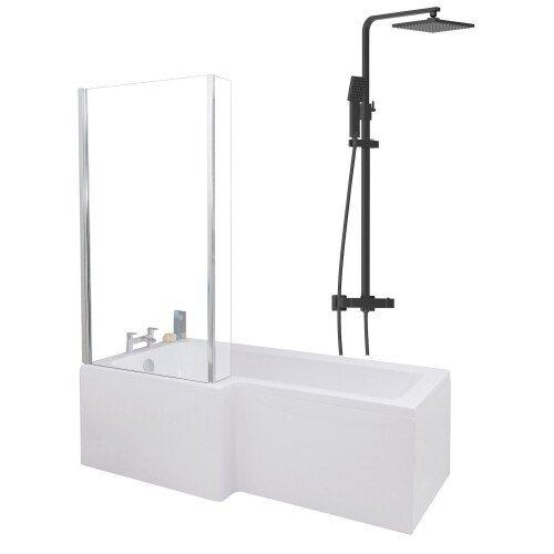 Bathroom L Shaped Shower Bath 1700mm LH Mixer Shower Screen Side Panel White