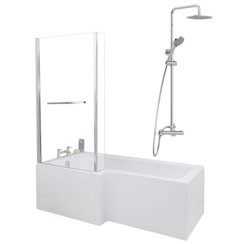 Bathroom L Shaped Shower Bath 1700mm LH Mixer Shower Screen Side Panel White