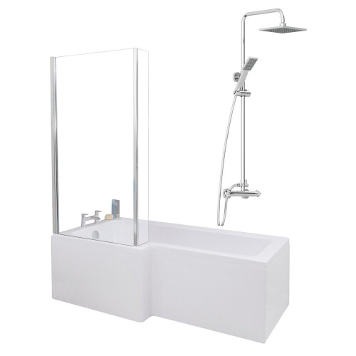 Bathroom L Shaped Shower Bath 1700mm LH Mixer Shower Screen Side Panel White